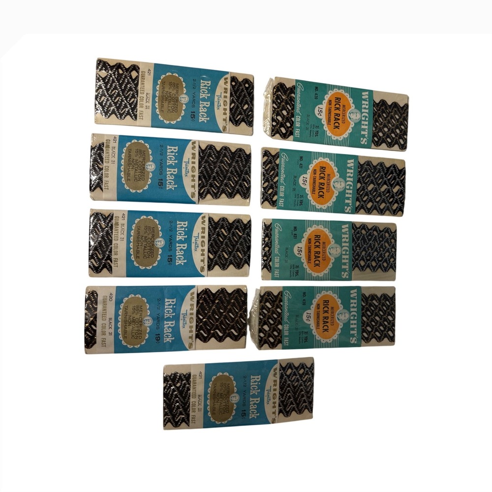 9pk Vintage Wrights Rick Rack Black Metallic Trim 2.5yd Each 85% Cotton 420 421